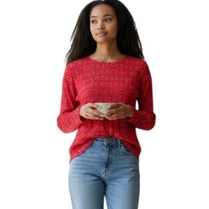 ROSE & OLIVE RED & BLACK HEART PRINTED FLARE SLEEVE BLOUSE SZ.L EUC.